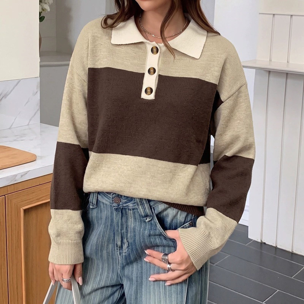 Fall Winter Long Sleeve Layering Casual Retro Maillard Stripe Knit Sweater Women
